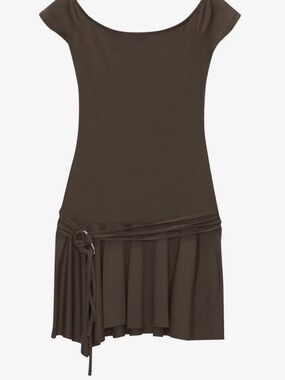 Pull&Bear Brown Off-Shoulder Belted Skater Dress